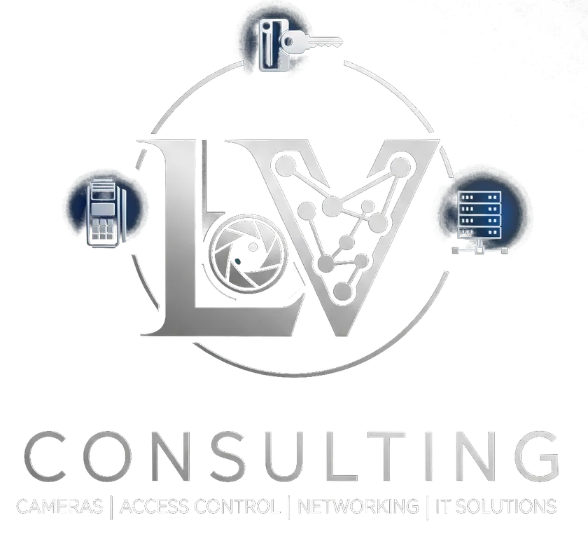LV Consulting logo: LV monogram with camera, access control, networking and IT icons. Cameras, access control, networking, IT solutions.